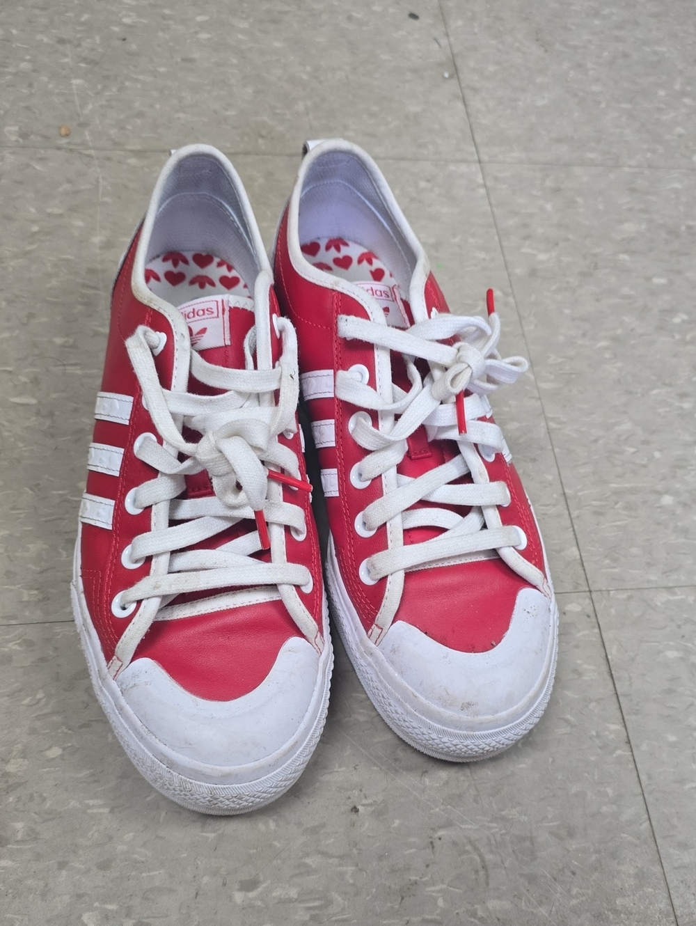 adidas Red and White Low-Top Sneakers with Heart Insole